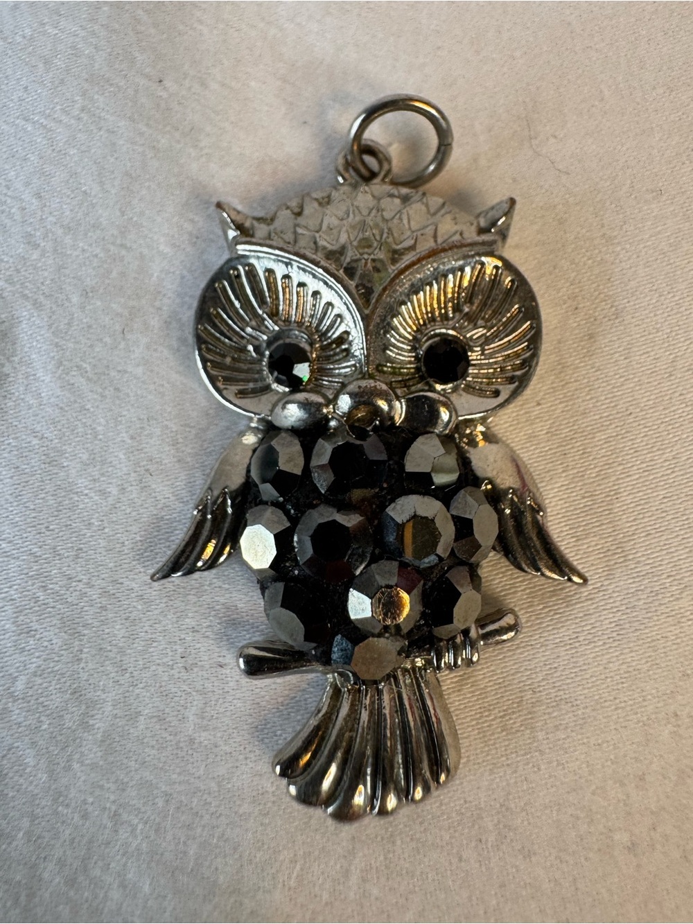 Silver Owl Pendant with Black Faceted Accents
